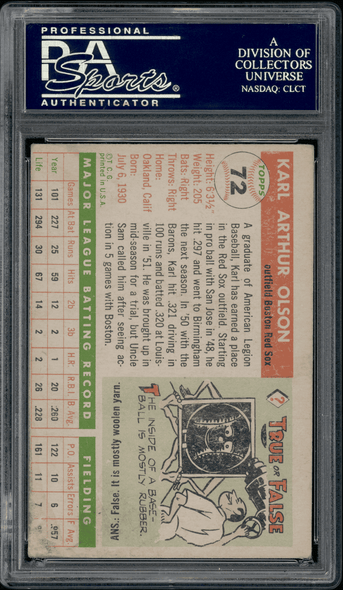 1955 Topps Karl Olson #72 PSA Authentic Auto back of card