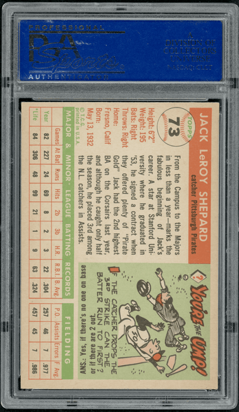 1955 Topps Jack Shepard #73 PSA 6 back of card