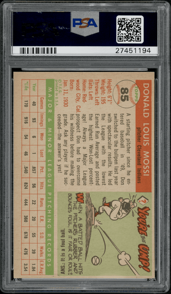 1955 Topps Don Mossi #85 PSA Authentic Auto back of card