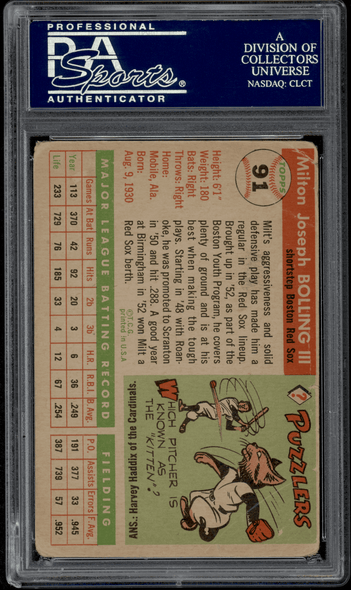 1955 Topps Milt Bolling #91 PSA Auto 7 back of card