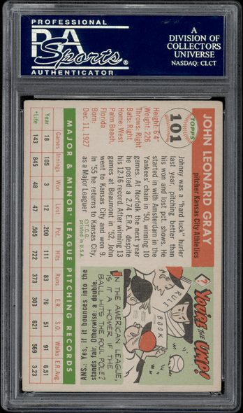 1955 Topps Johnny Gray #101 PSA Authentic Auto back of card