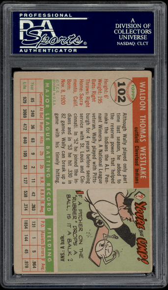 1955 Topps Wally Westlake #102 PSA Authentic Auto back of card