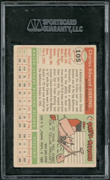 1955 Topps Chuck Diering #105 SGC Authentic Auto back of card