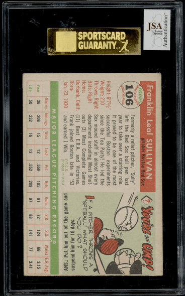 1955 Topps Frank Sullivan #106 SGC Authentic Auto back of card