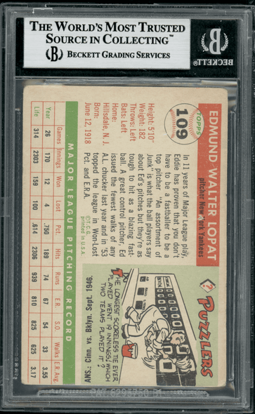 1955 Topps Ed Lopat #109 BVG Authentic Auto back of card