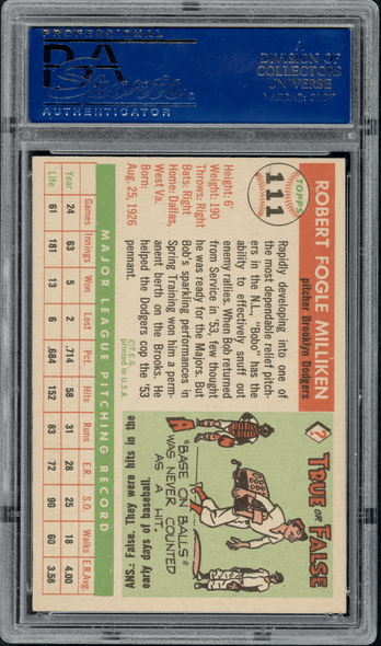 1955 Topps Bob Milliken #111 PSA 7 back of card