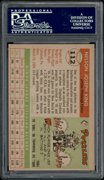 1955 Topps Nelson King #112 PSA 7 back of card