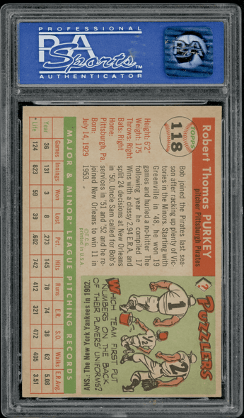 1955 Topps Bob Purkey #118 PSA 7 back of card