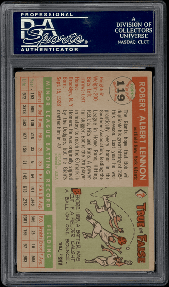 1955 Topps Bob Lennon #119 PSA Authentic Auto back of card