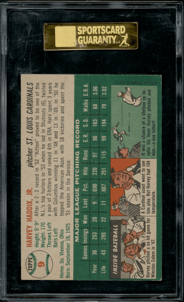 1954 Topps Harvey Haddix #9 SGC 6 back of card