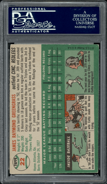 1954 Topps Jim Greengrass #22 PSA Authentic Auto back of card