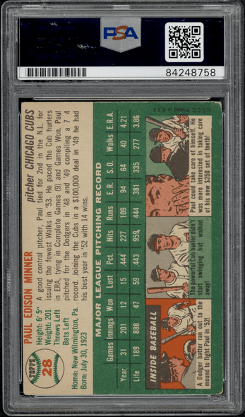 1954 Topps Paul Minner #28 PSA Authentic Auto back of card