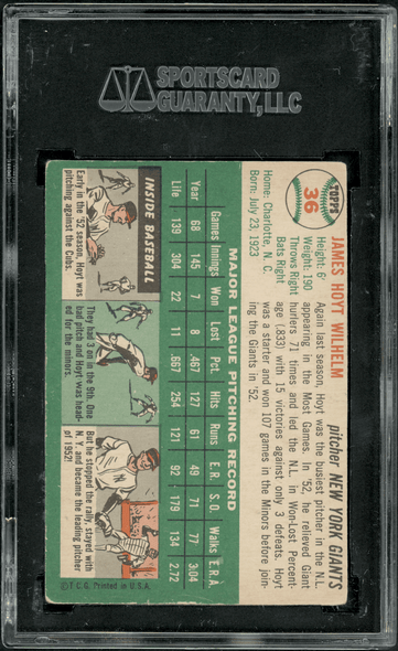 1954 Topps Hoyt Wilhelm #36 SGC Authentic Auto back of card