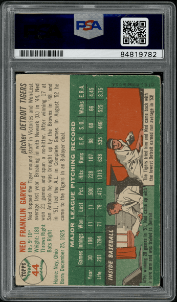 1954 Topps Ned Garver #44 PSA Authentic Auto back of card