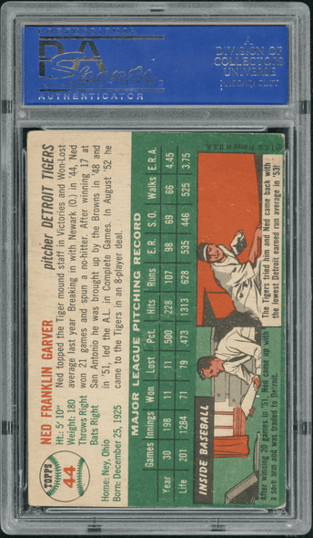 1954 Topps Ned Garver 9 #44 PSA Authentic Auto back of card