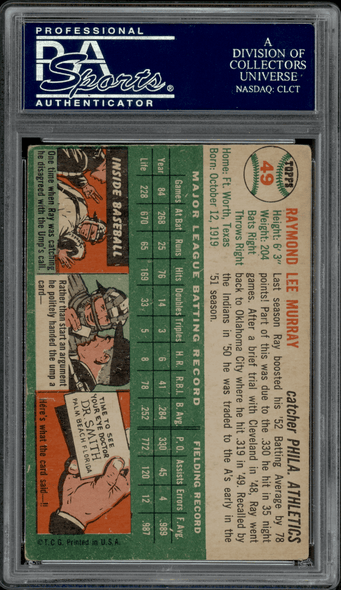 1954 Topps Ray Murray #49 PSA Authentic Auto back of card