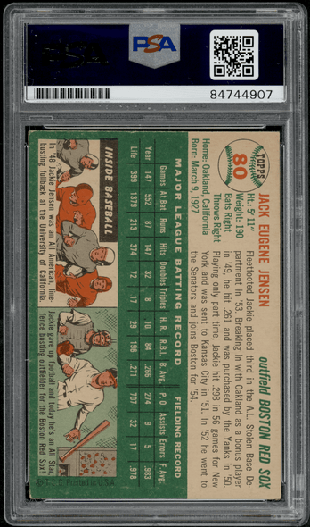 1954 Topps Jackie Jensen #80 PSA Authentic Auto back of card