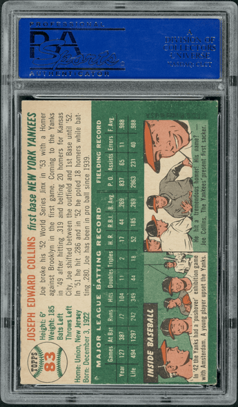 1954 Topps Joe Collins #83 PSA 6 back of card