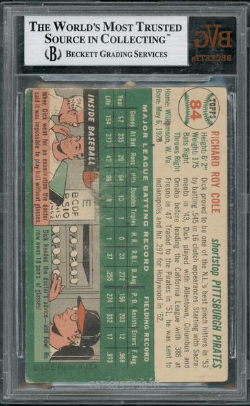 1954 Topps Dick Cole #84 BVG Authentic Auto back of card