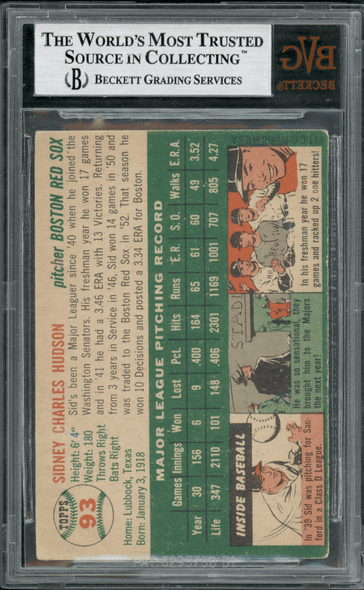 1954 Topps Sid Hudson #93 BVG Authentic Auto back of card