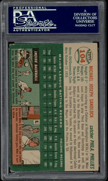 1954 Topps Mike Sandlock #104 PSA Authentic Auto back of card