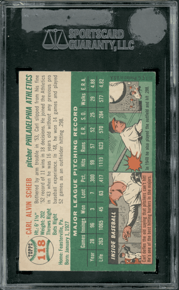 1954 Topps Carl Scheib #118 SGC 8 back of card