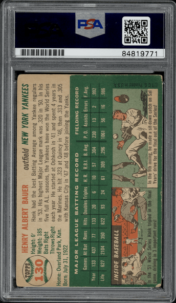 1954 Topps Hank Bauer #130 PSA Authentic Auto back of card