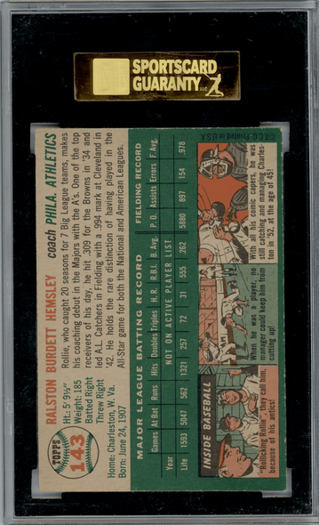 1954 Topps Rollie Hemsley #143 SGC 7.5 back of card