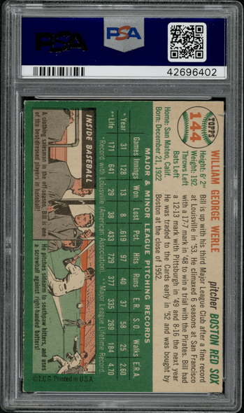 1954 Topps Bill Werle #144 PSA 7 back of card
