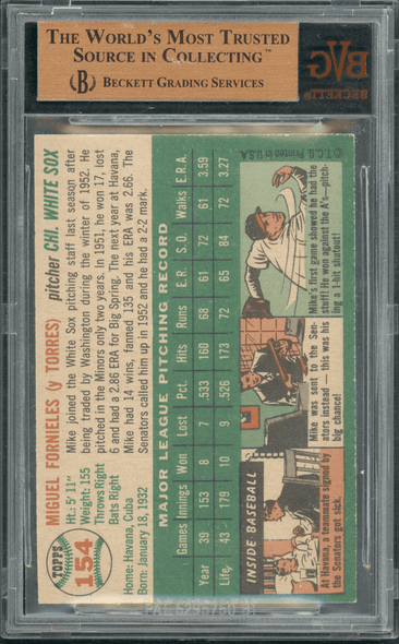 1954 Topps Mike Fornieles #154 BVG 7.5 back of card