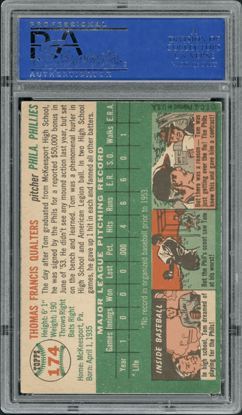 1954 Topps Tom Qualters #174 PSA Authentic Auto back of card