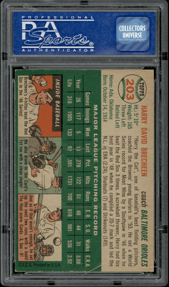 1954 Topps Harry Brecheen #203 PSA 7 back of card