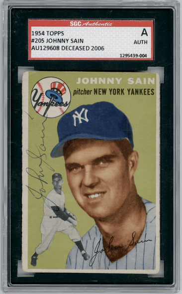 1954 Topps Johnny Sain #205 SGC Authentic Auto front of card