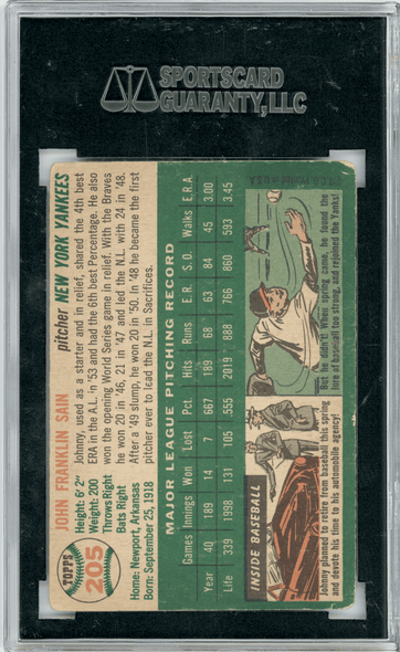 1954 Topps Johnny Sain #205 SGC Authentic Auto back of card