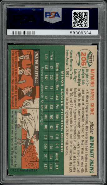 1954 Topps Ray Crone #206 PSA 7 back of card