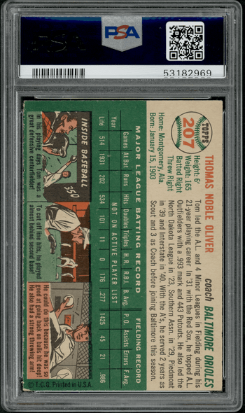 1954 Topps Tom Oliver #207 PSA 6 back of card