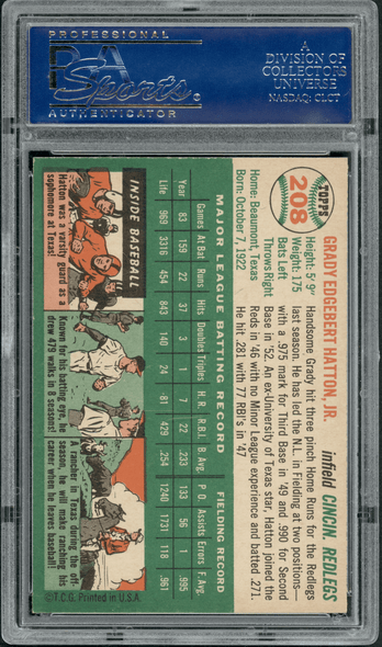 1954 Topps Grady (Joe) Hatten #208 PSA 8 back of card