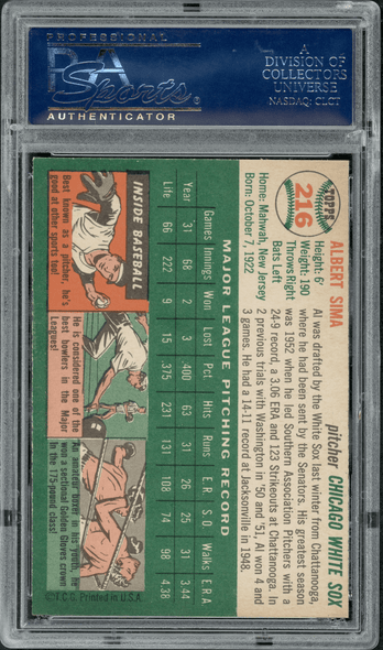 1954 Topps Al Sima #216 PSA 7 back of card