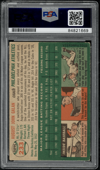 1954 Topps Augie Galan #233 PSA Authentic Auto back of card