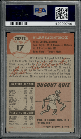 1953 Topps Billy Hitchcock #17 PSA 6 back of card