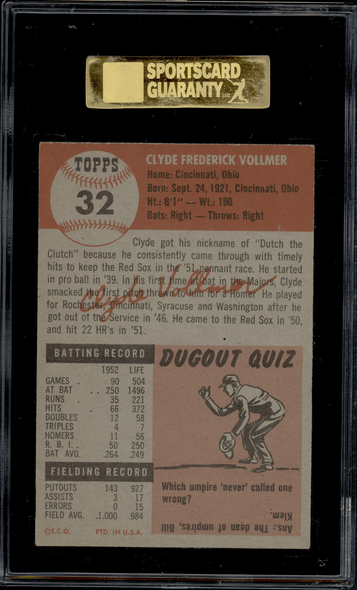 1953 Topps Clyde Vollmer #32 SGC 6 back of card