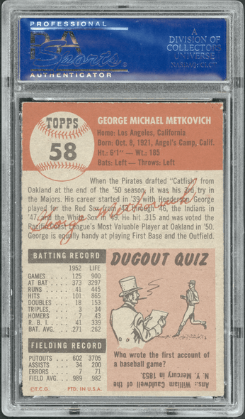 1953 Topps George Metkovich #58 PSA 5 back of card