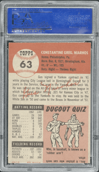 1953 Topps Gus Niarhos #63 PSA 6 back of card