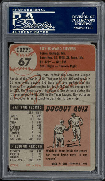 1953 Topps Roy Sievers #67 PSA Authentic Auto back of card