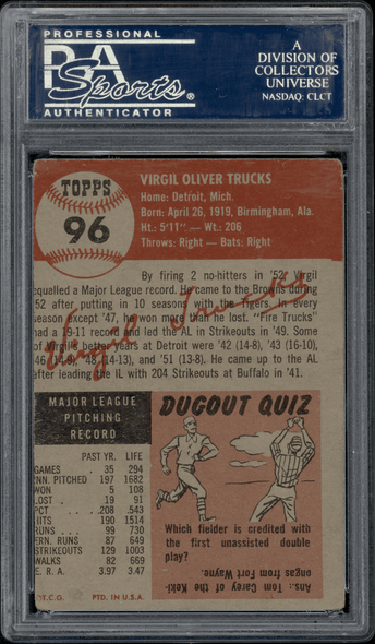 1953 Topps Virgil Trucks Black bio text #96 PSA Authentic Auto back of card