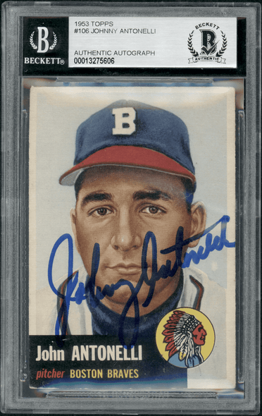 1953 Topps John Antonelli White bio text #106 BVG Authentic Auto front of card