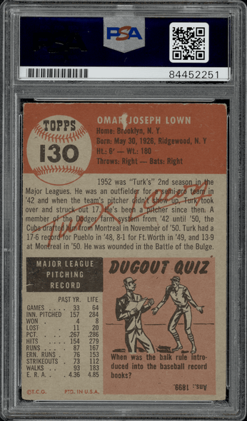 1953 Topps Turk Lown Black bio text #130 PSA Authentic Auto back of card