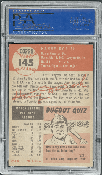 1953 Topps Harry Dorish White bio text #145 PSA 6 back of card