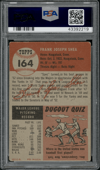 1953 Topps Frank Shea Black bio text #164 PSA Authentic Auto back of card