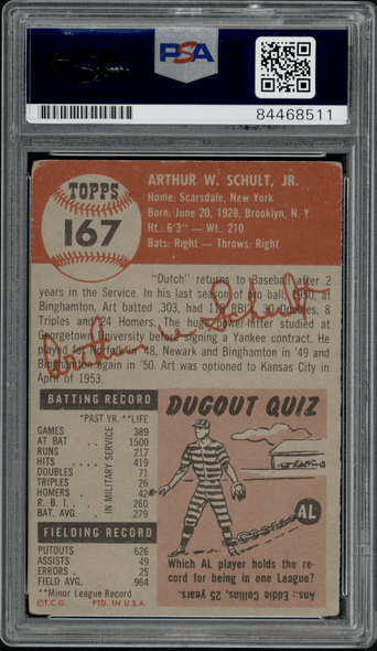 1953 Topps Art Schult #167 PSA Authentic Auto back of card